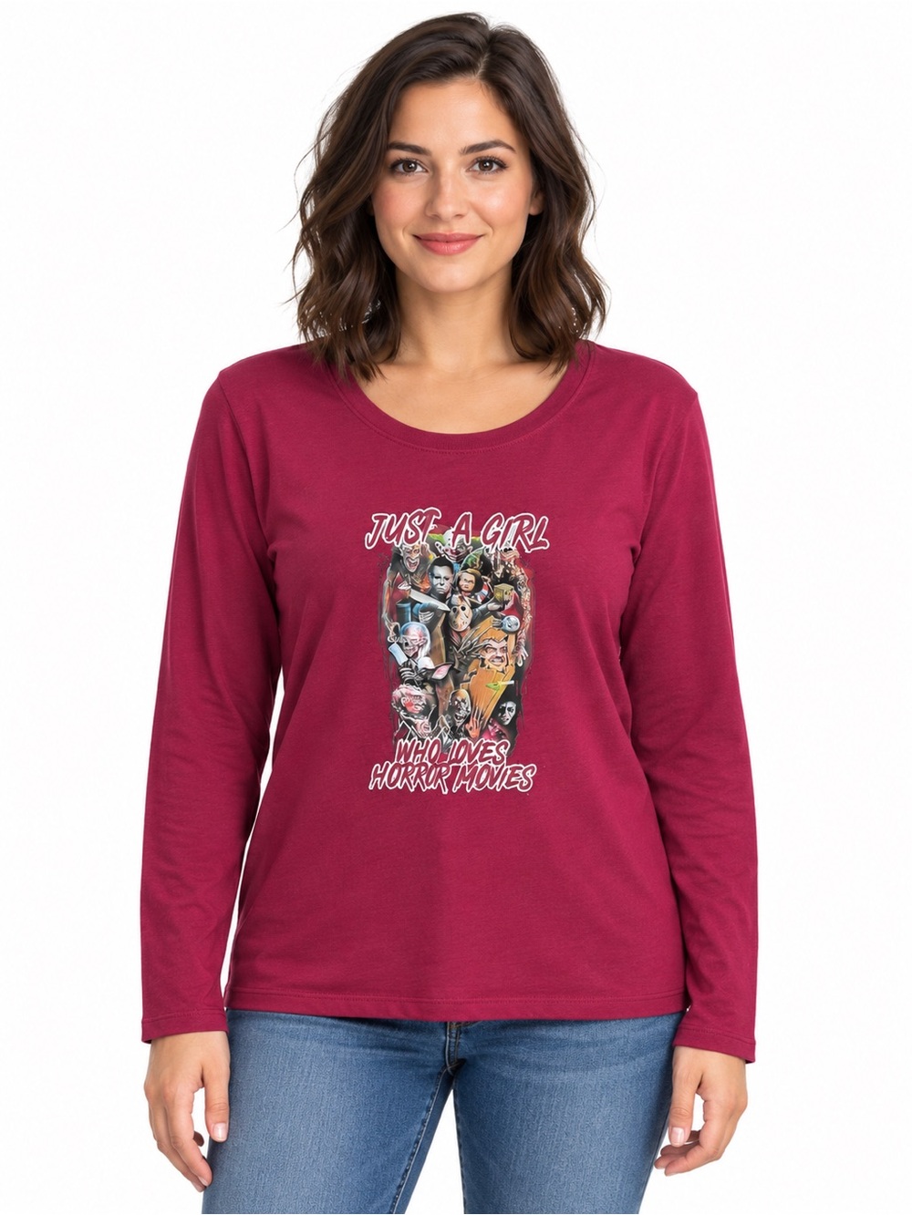 Long-Sleeve Graphic Tee in Burgundy - Just A Girl Who Loves Horror Movies